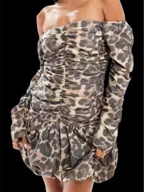 ASOS Off-Shoulder Ruched Leopard Print Mini Dress - Taupe Gray